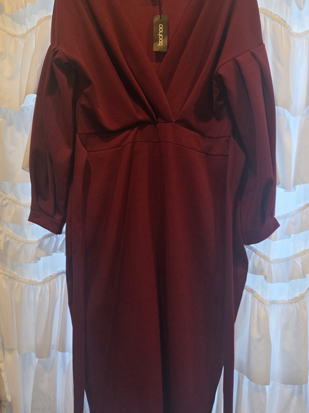 Boohoo Burgundy Wrap-Front Midi Dress